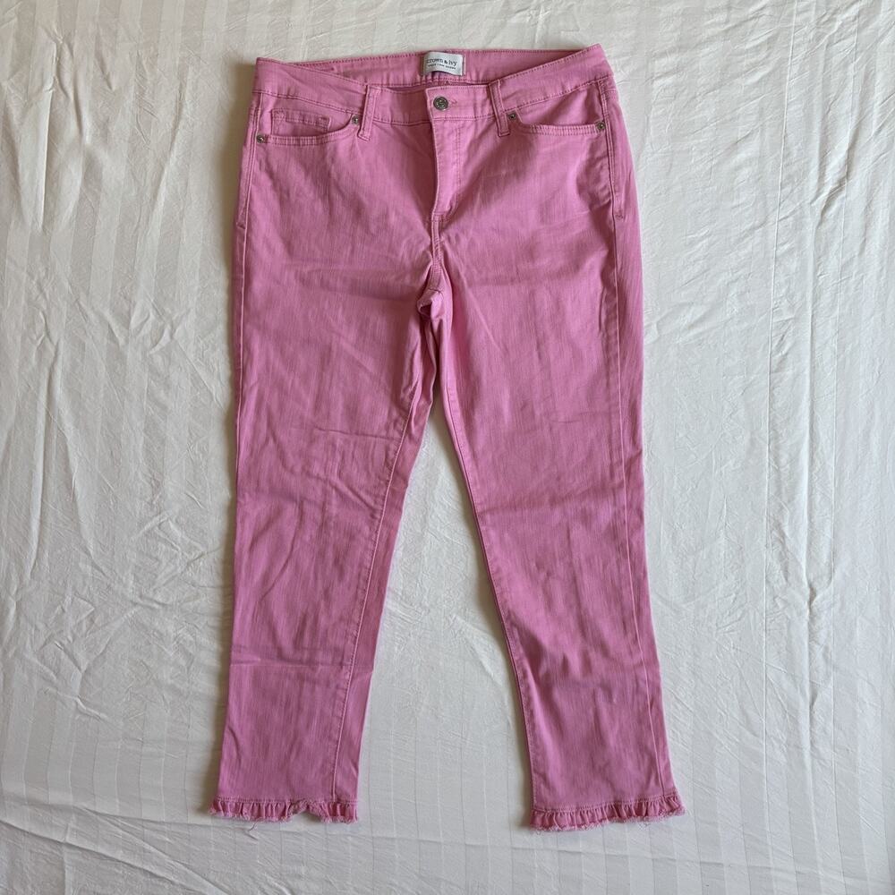 Crown & Ivy High Rise Skinny Crop Jeans Womens 10 Pink Stretch Ruffle Hem Raw